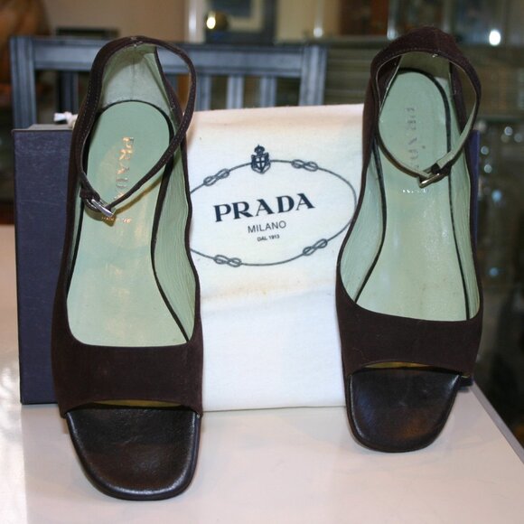 PRADA Itay Size 8M Vintage Dark Brown Suede FLATS Open Toe Ankle Strap Worn 1x - Picture 4 of 9